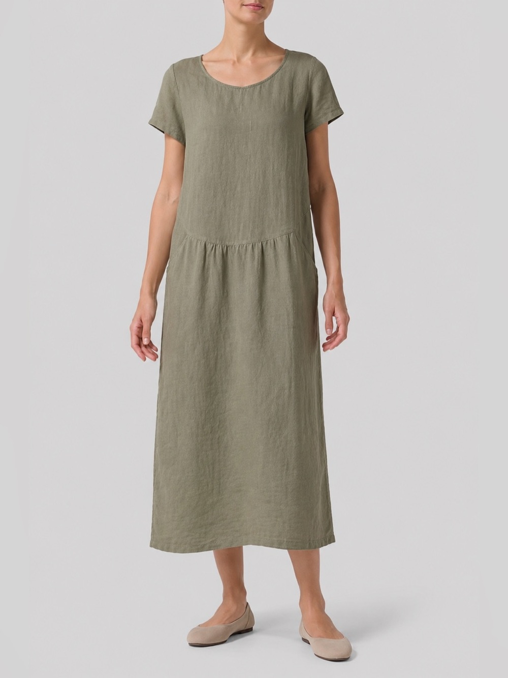 Vivid 100% Linen Midi Dress 2X Olive Green Pockets Lagenlook Plus Size